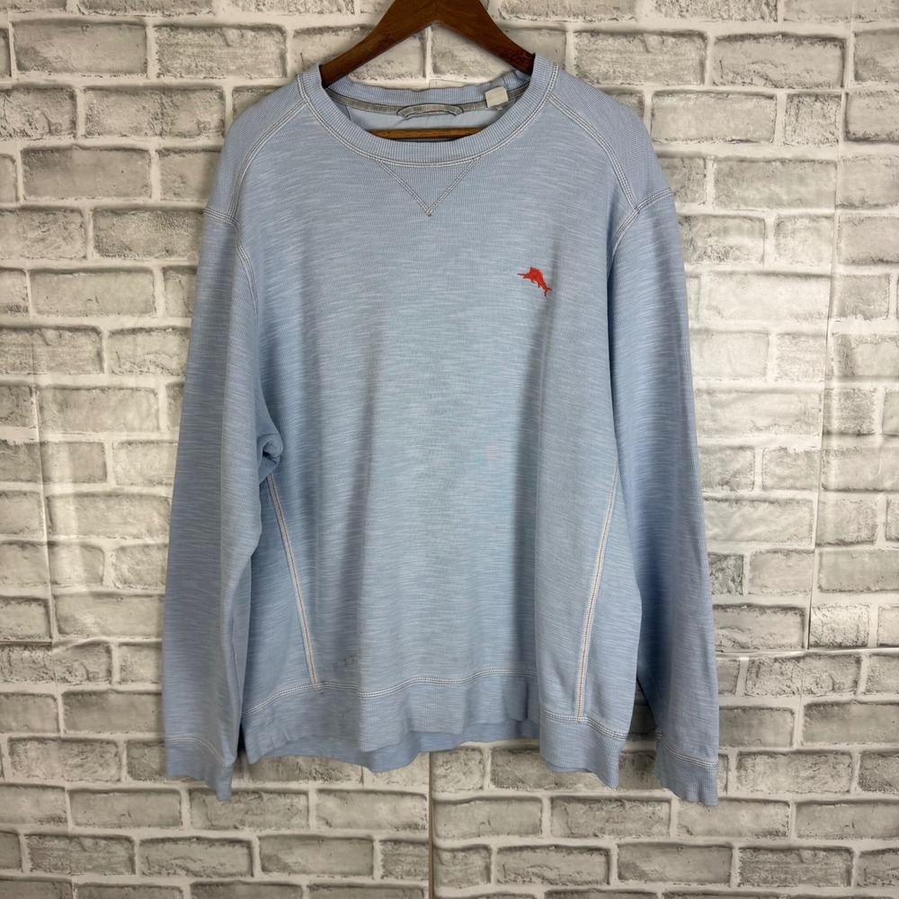 Tommy Bahama Mens XL Blue Slub Knit Sweatshirt Marlin Logo Pullover Crew Neck